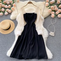 women vintage autumn dress fashion satin patchwork black long sleeve dresses high waist vestidos female clothing 2021 coisini