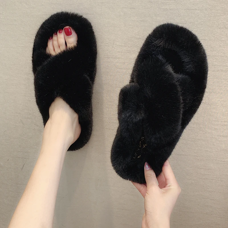 YIdemusha Winter Women Home Slippers with Faux Fur New Fashion Warm Shoes Woman Slip on Flats Female Slides Black Casual | Обувь