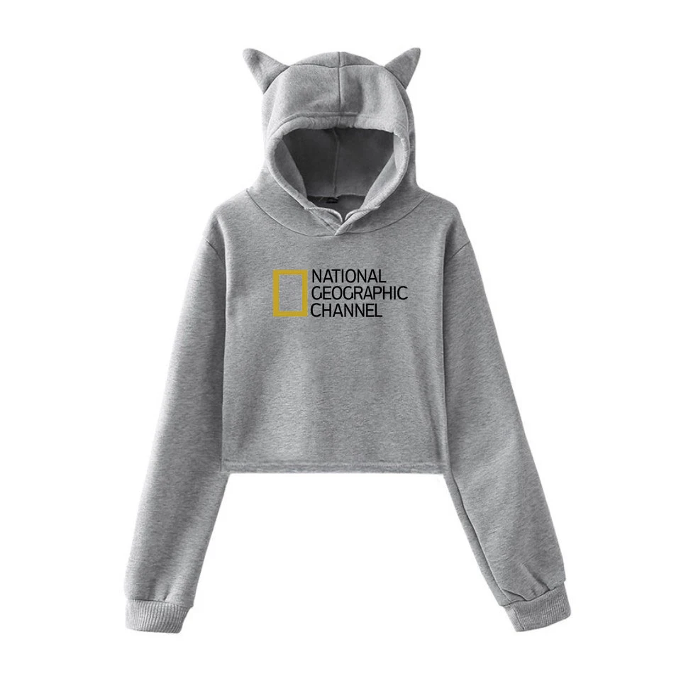 

National Geographic Channel Cat Ear Crop Top Hoodie 2021 Women Sweatshirt Cat Ear Pullover Tops Female Hip Hop Crop Top Hoodies