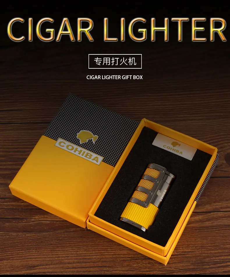 Зажигалка COHIBA металлическая карманная Бутановая Зажигалка для Сигар Зажигалка газовая ветрозащитная 3 струйная модная Зажигалка для Аксессуары для сигар W/Подарочная коробка
