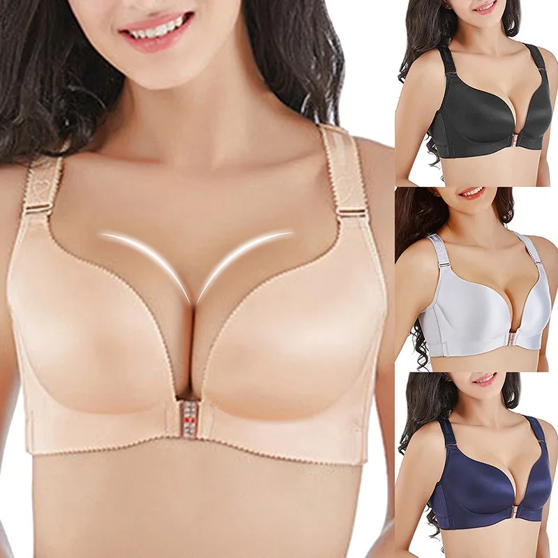 

Plus Size Sexy Push Up Brassiere Solid color brief front button bra wireless bralette Adjusted Female Lingerie Butterfly Bra