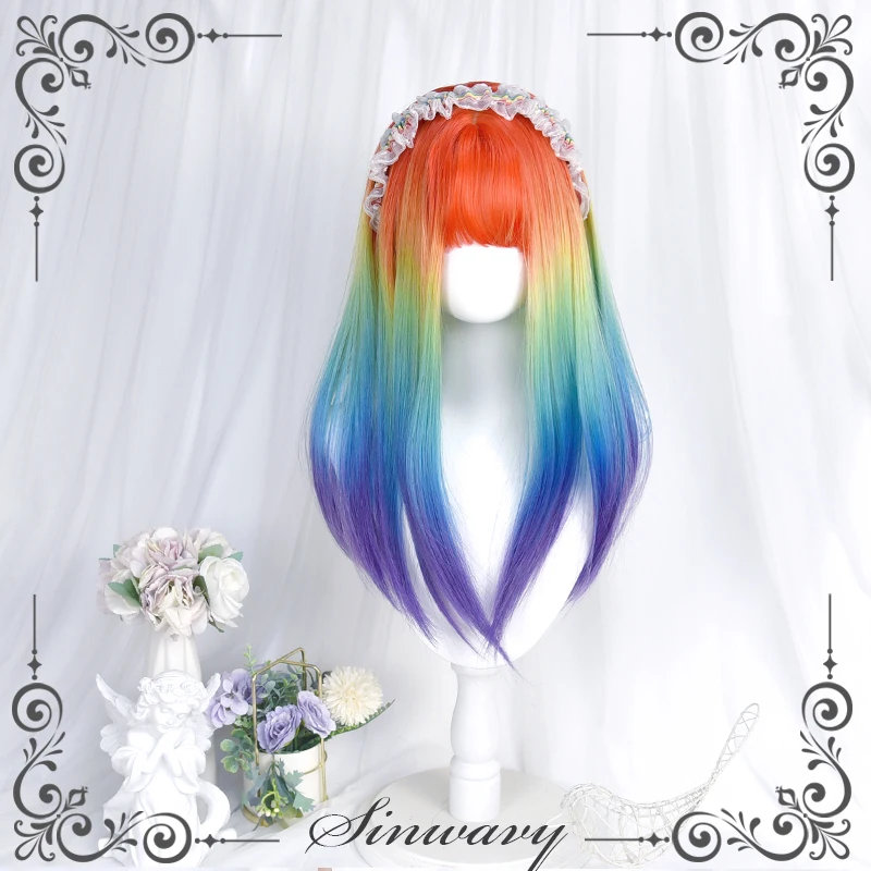 

Neon Rainbow Lolita Wig Women Harajuku 60cm Long Straight Hair Cute Bangs Orange Purple Chic Girls Cosplay Daily Wear
