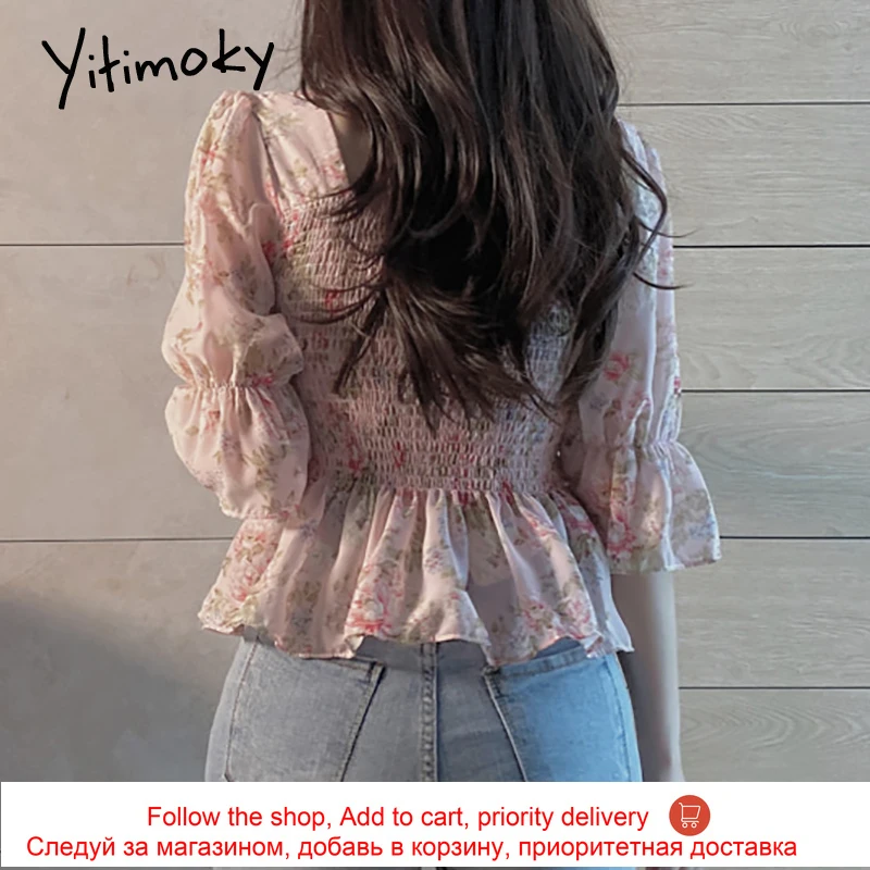 

Yitimoky Chiffon Women Shirts Blouses Print Floral Ruffles Half Puff Sleeve Tops Square Collar Korean Fashion Clothes Casual New