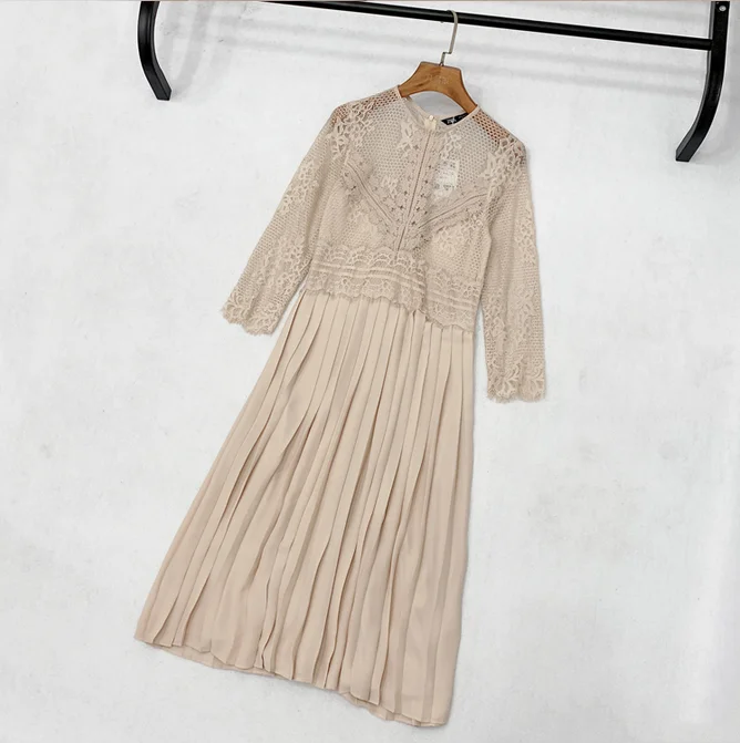 Женское плиссированное платье феи в стиле пэчворк с круглым вырезом и кружевом