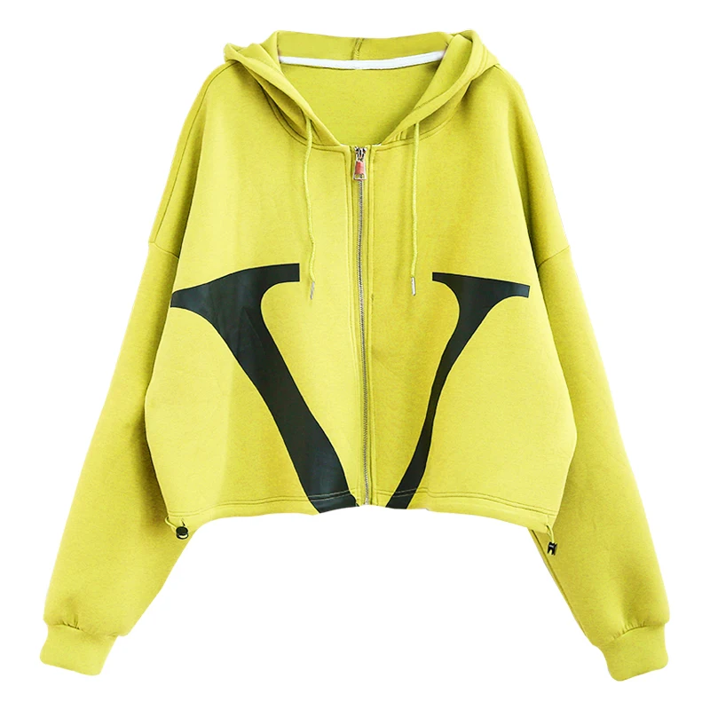 

PERHAPS U Yellow Black Letter Print Cropped Hooded Zip Hoodies For Women Autumn Neon Autumn C0344