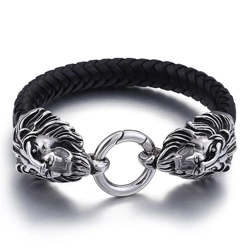 

Модный мужской серебристый браслет из нержавеющей стали 316L с двумя головами льва мужской черный кожаный браслет 12 мм * 21,5 см