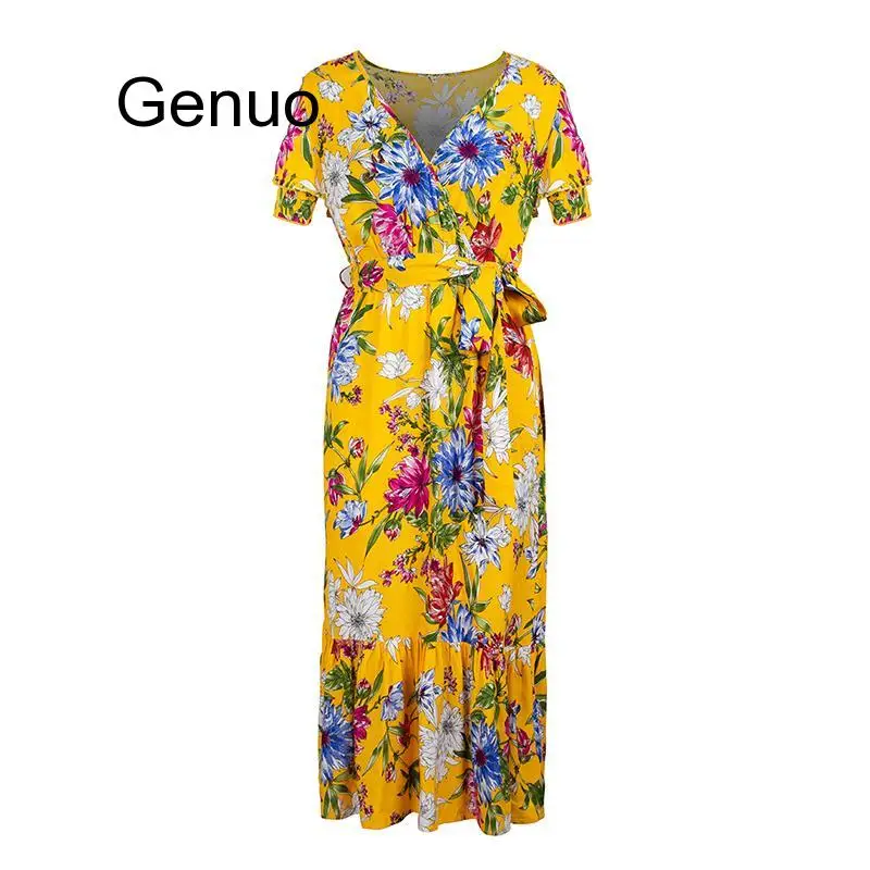 

Boho Beach Summer Maxi Long Dress Women Ruffles Floral Wrap Dresses Bow Plus Size Femme Robe Casual Dress Vestidos