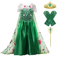 fever elsa birthday party dress role play costume for girls green elsa floral frocks ankle length child fancy princess long gown