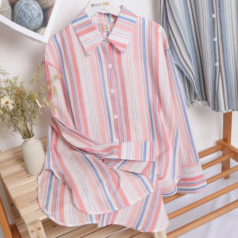 Spring Chiffon Cotton Causal Pink Stripe Split Blouse Shirt Women 2021 Office Lady V-neck Long Sleeve Top Elegant Blouse T-shirt