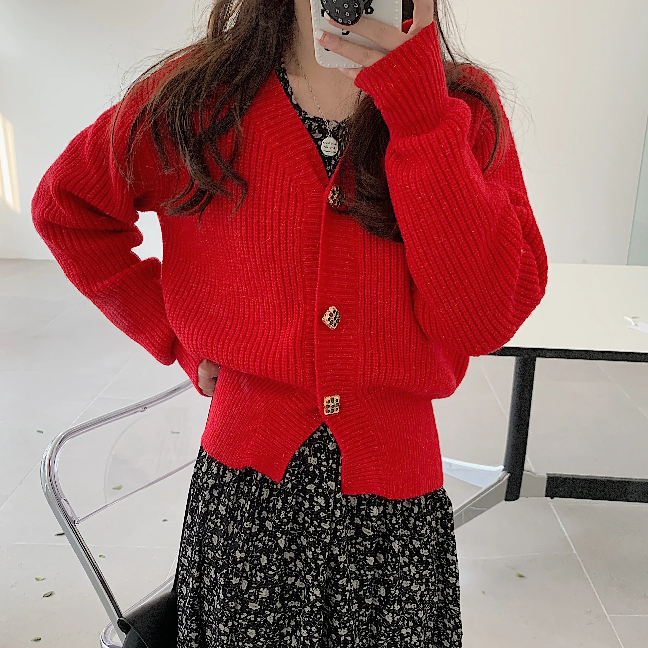 

WTIANYUW High Quality 2021 Fashion Elegant Vintage Square Color Diamond Clasp Shiner Red Sweater Singe Breasted Cardigan Coat
