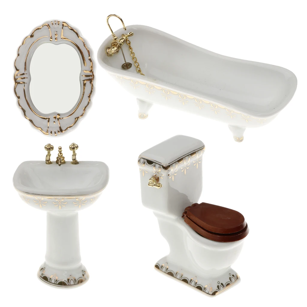 

4 PCS Porcelain Bathroom Furniture Set (Bathtub Toilet Sink Mirror) Dollhouse