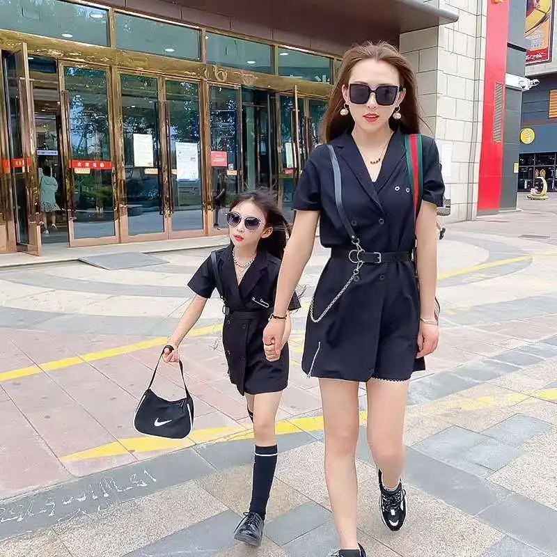 

[Send Belt] Parent-child Suit Dress Girls' Summer Hepburn Wind Big Children's Dark Retro Tooling Skirt girl dress dress for gir