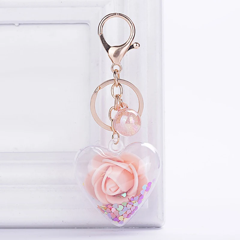 Брелок для ключей прозрачный сердце с блестками изображением вечного цветка -