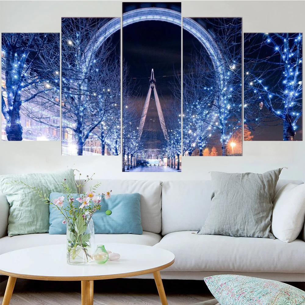 

5 Pieces Wall Art Canvas Painting Ferris Wheel City Night Landscape Poster Modern Living Room Home Decoration Framework Pictures