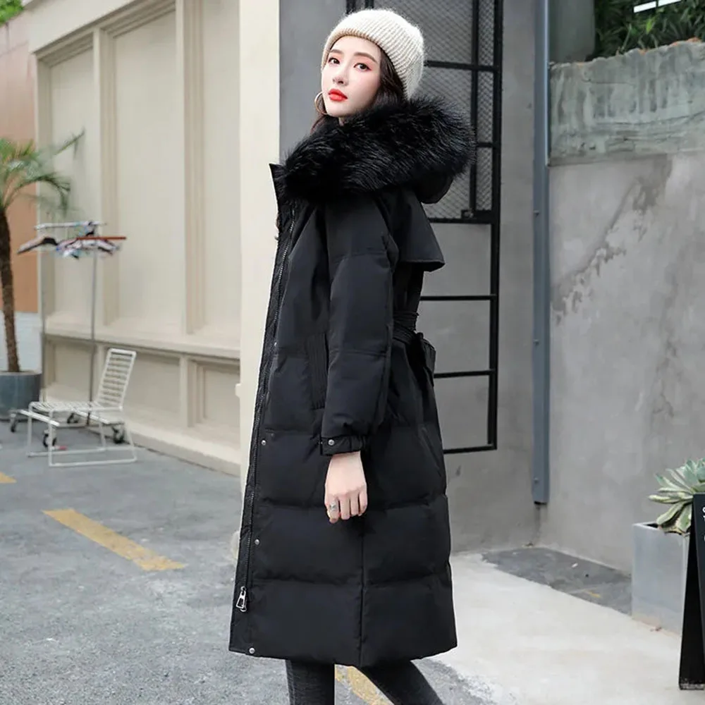 

Winter 2021 Big Fur Collar Long Over-the-knee Parka Coat Women Thick Loose Warm Outerwear Belt Hooded Cotton Jacket Female Parka