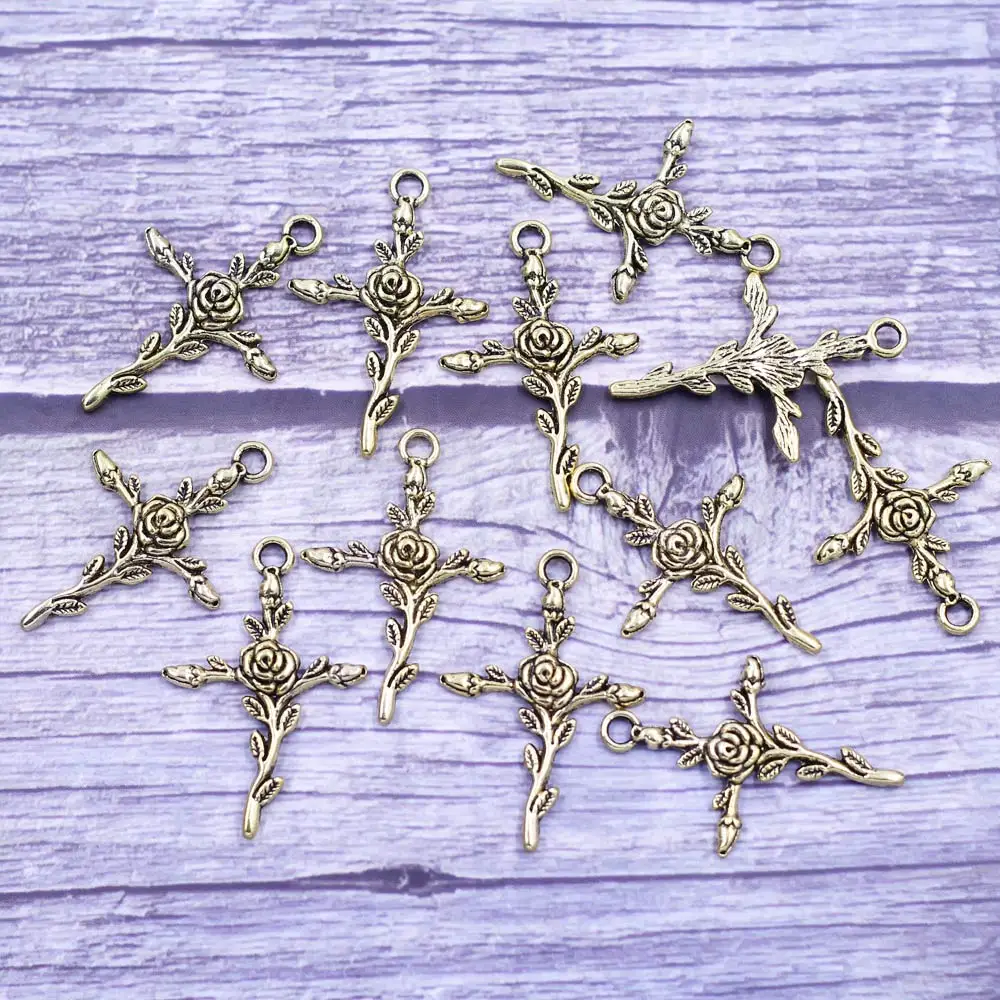 

10Pcs Pendants Cross Rose Flower Breloque Zinc Metal Alloy Antique Gold Tone Jewelry DIY Making Finding Charms 35x23mm