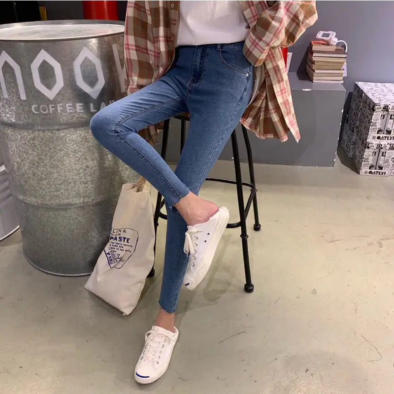 

2020 Spring and Autumn New Blue Gray High Waist Nine Denim Women's Simple Little Foot Pants Slim Pencil Pants