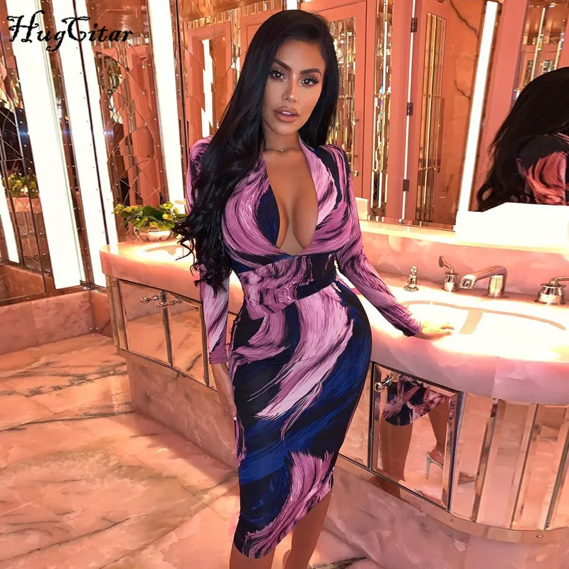 Женское платье миди Hugcitar с длинным рукавом и v образным вырезом уличная одежда