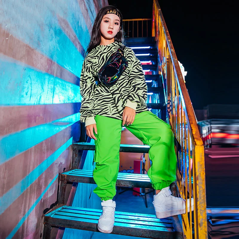 Танцевальные костюмы в стиле хип-хоп для девочек флуоресцентные зеленые брюки
