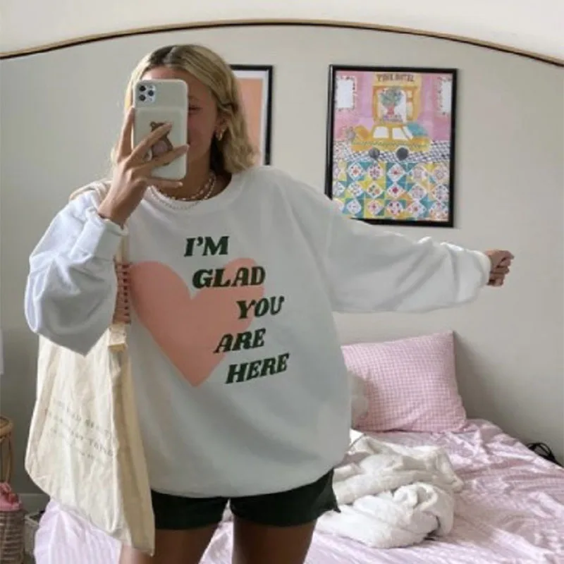 

Vintage Streetwear White Letter Print Oversized Sweatshirt Women Loose Casual Long Sleeve Pullover Fashion Tops 2021 Autumn New