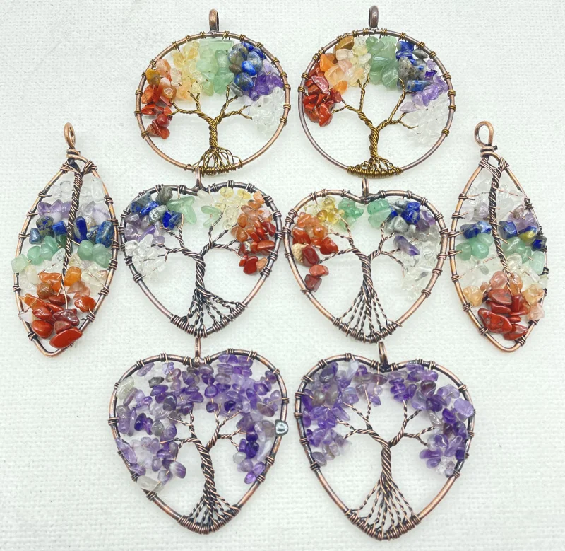 

6Pcs Natural Gem Stone Quartz Crystal Amethyst 7 Chakra Life Tree Ancient Copper Wire Wrapped For Jewelry Necklace Pendant