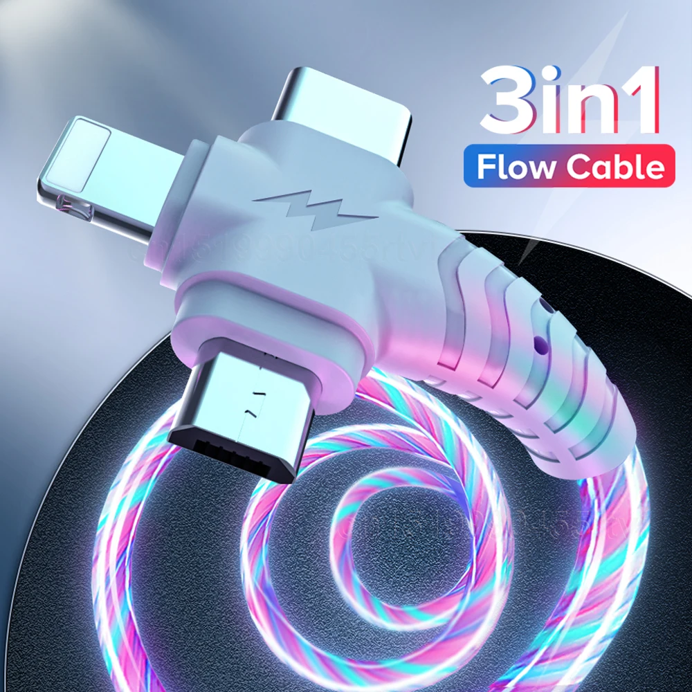 3in1 потока световой освещение usb кабель для передачи данных iPhone 12 11 Pro 3 в 1 2in1