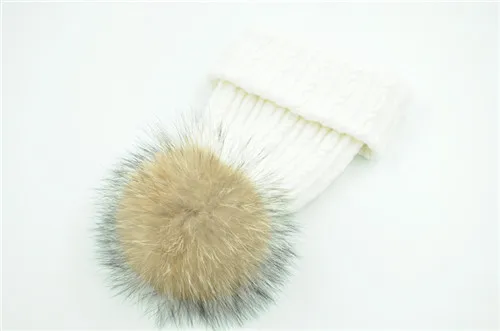 White natural fur Вязаная Шерстяная Шапка из натурального меха енота, шапка с помпоном для женщин и девочек, новинка, осенняя, весенняя, зимняя женская меховая шапка - Цвет: White natural fur