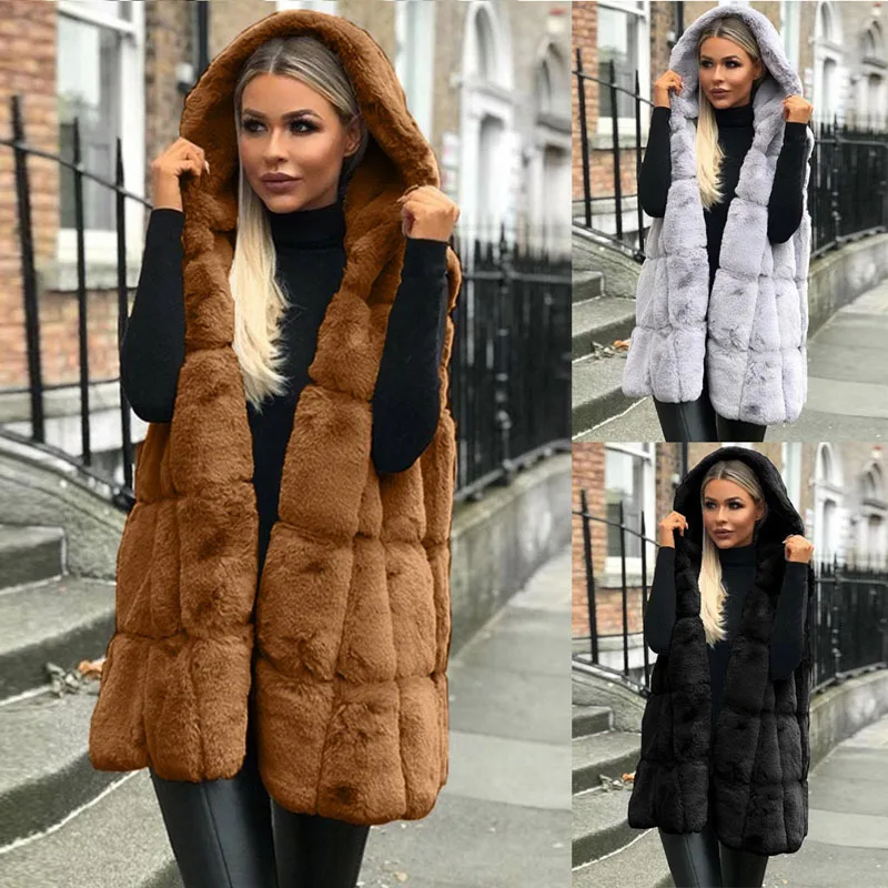 

New Autumn And Winter Women Fake Fox Fur Vest Hooded Fluffy Top Thick Warm Jacket Fashion Ladies Fur Sleeveless Coat Female Vest