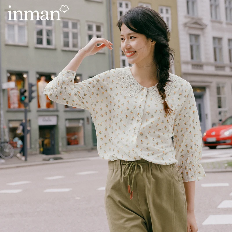 Блузка с длинным рукавом однотонная и свежая отложным воротником кружевными