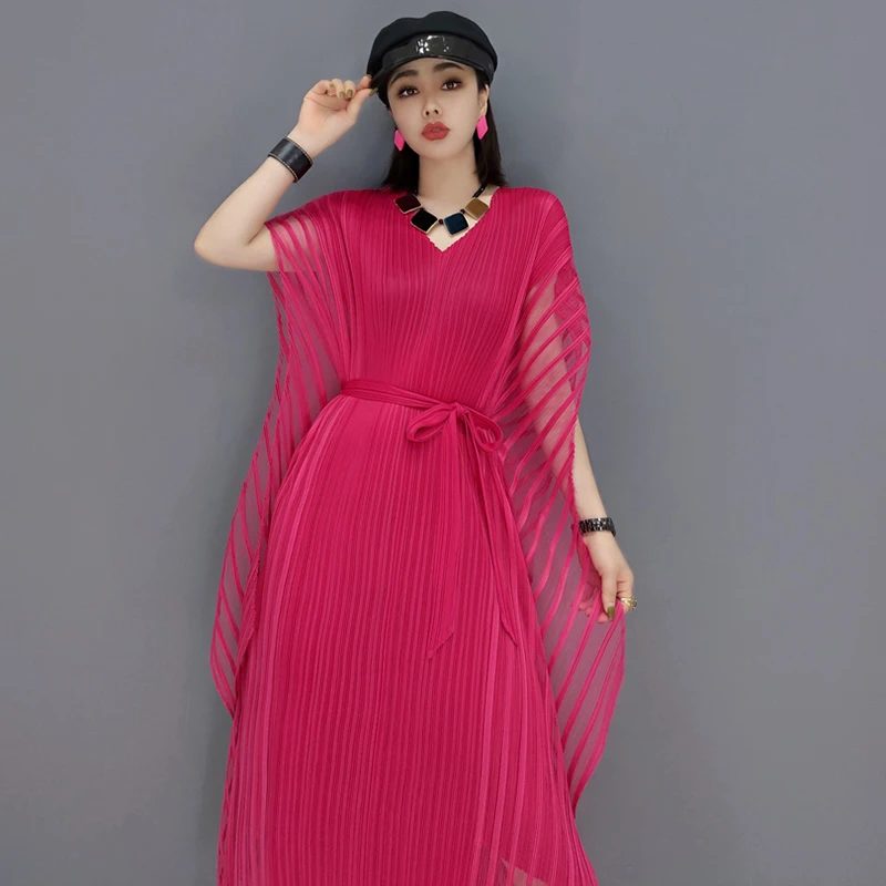 

SHENGPALAE red mesh dress women's summer 2021 new V-neck lace up waist short batwing sleeve mid-calf dresses female tide 5E1534