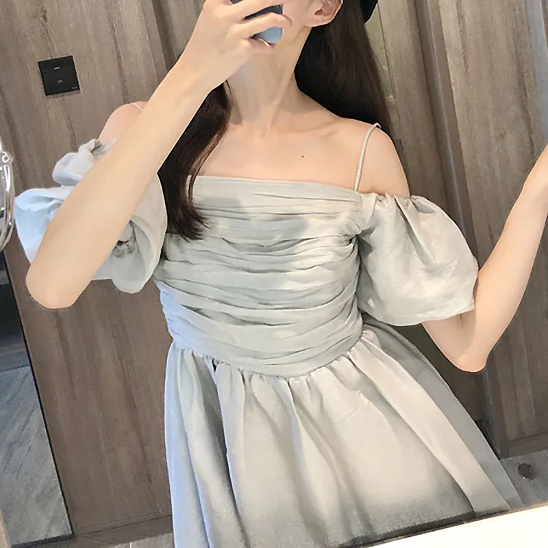 2020 Summer New Light Luxury Women's Mint Flower Sleeve Dress High Waist Pleated Mid-length Midi Fashion Trend | Женская одежда