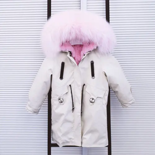 Khaki Pink Новинка года, парки с натуральным мехом для мальчиков и девочек зимняя детская куртка Xlong пальто с капюшоном из натурального меха енота Съемная подкладка из кроличьего меха - Цвет: Khaki Pink