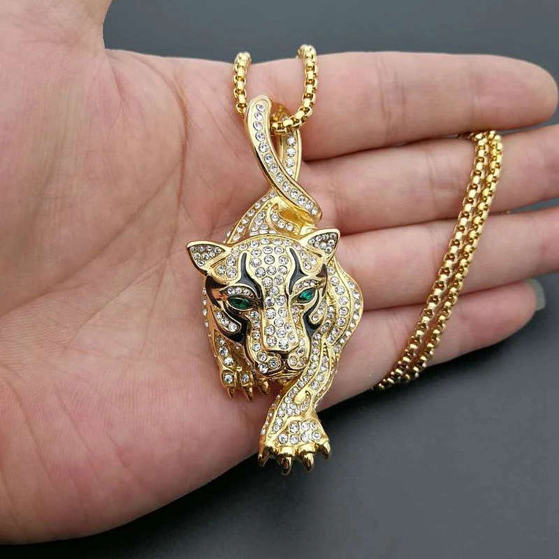 

Luxury Brand Green Eyes Leopard Head Pendant Wholesale Jewelry Collar 2020 New Arrivals Gold Color Stainless Steel Men Necklaces