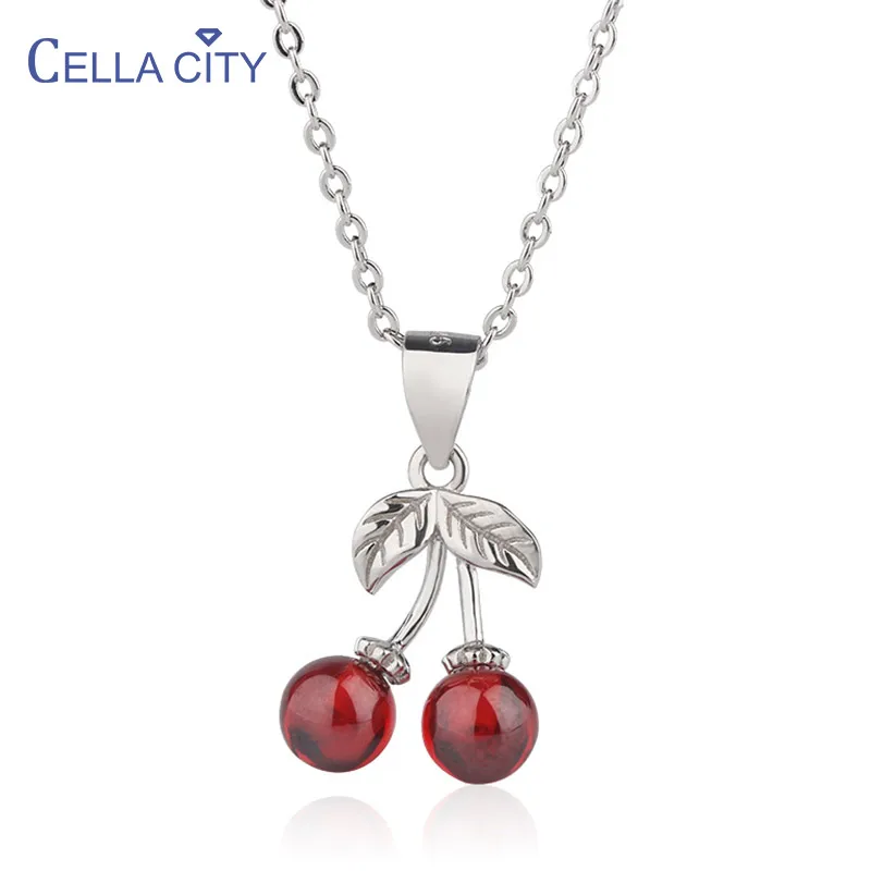 

Cellacity charms necklace for women Pure 925 Sterling Silver necklace chains Round Red agate Cherry Pendant Sweet Dating Gift