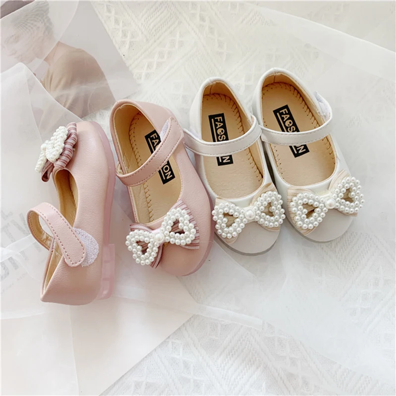 Children White Pearls Crystal Leather Shoes Toddler Girls Kids Baby Bowknot Mary Janes Princess Wedding Party Dress Shoe |