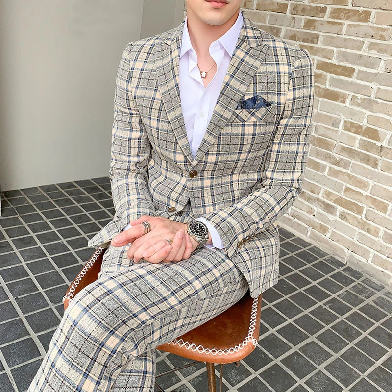 

(Blazer+Pants) Luxury Men Suit 2 Piece Set Fashion Boutique Lattice Groom Wedding Dress Men's Tuxedo Men Banquet Club Dress