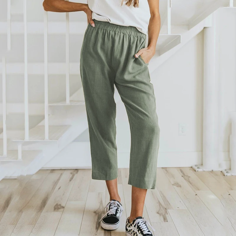 

2021 Casual Elastic Waist Pure Color Women's Calf Pants Comfortable Cotton Linen Ladies Straight Pants