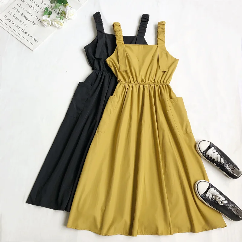 FTLZZ Summer New Arrival Women Sweet Strap Mid-length Dress Ladies Casual Solid Loose High Waist A-line Dresses | Женская одежда