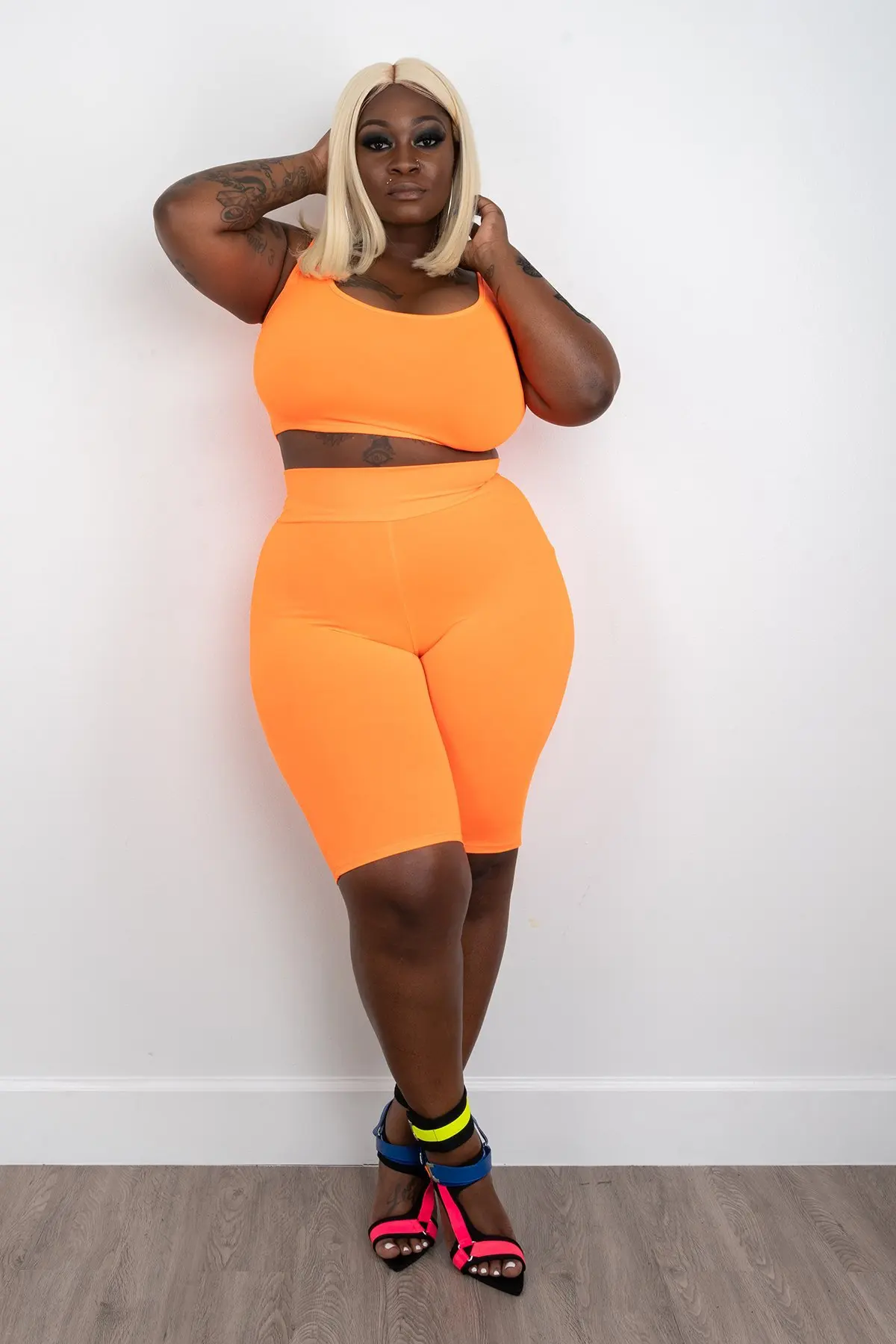 

Plus Size Shorts Bottoms Women's Elastic Vest Tops Tank Two-Piece Sexy Tight Workout Oversize 5XL Solid Skinny