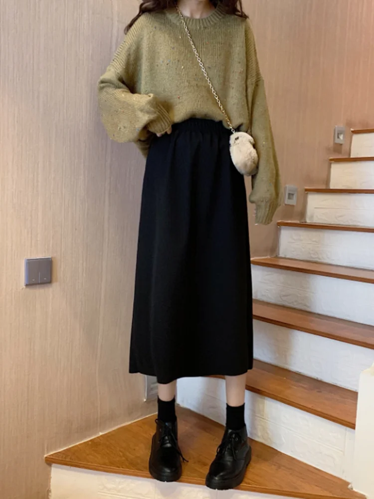 

Autumn and winter 2020 new high waist bag hip skirt black mid-length A-line skirt