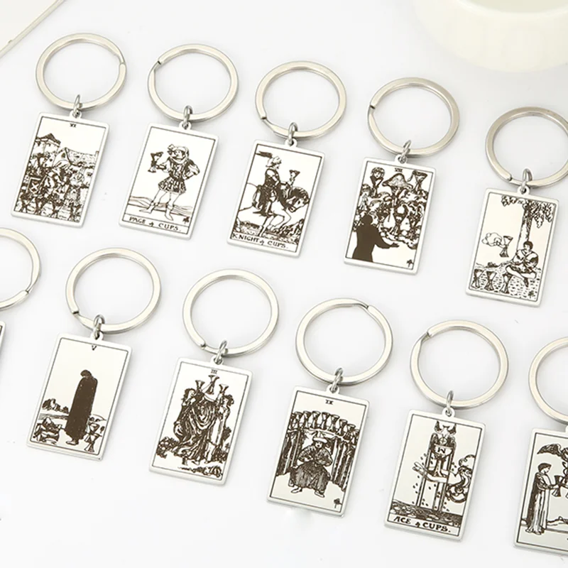 

COOLTIME Stainless Steel Engraved Retro Cups Tarot Card Keychain Gold Silver Color Accessories Buckle Fashion Jewelry