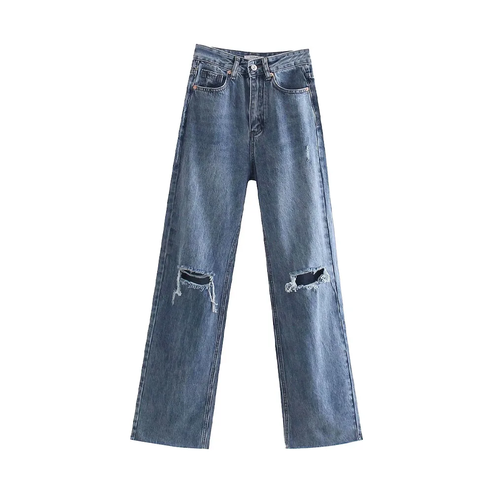 

Женские рваные джинсы Za, винтажные широкие брюки с высокой талией и молнией, 2021