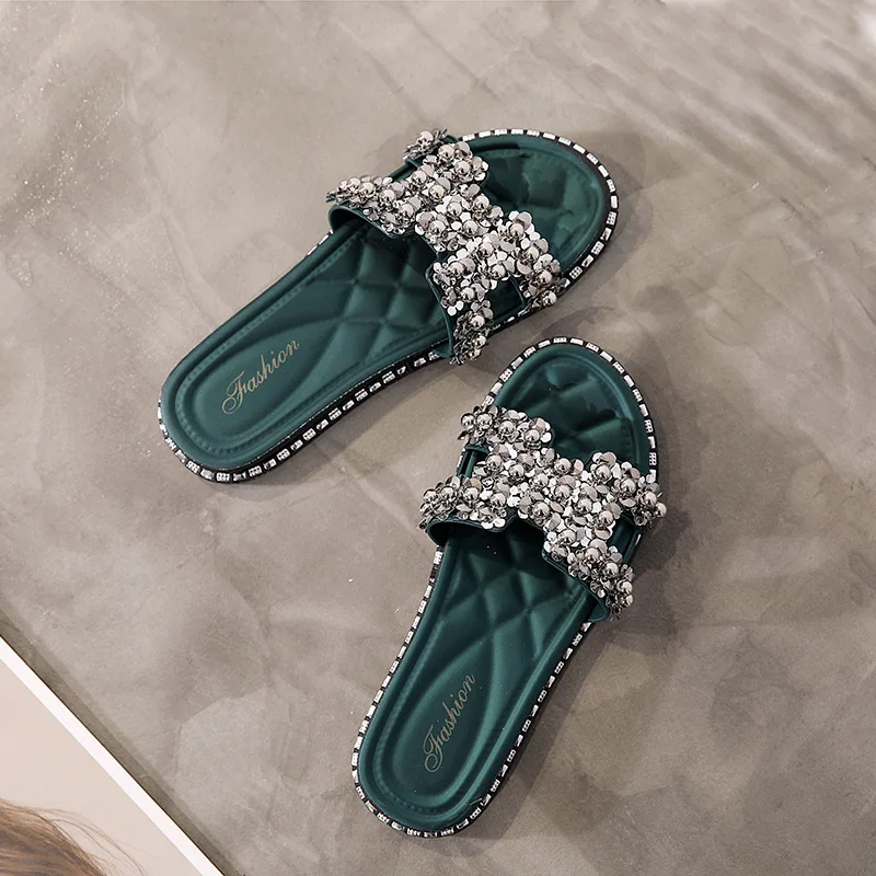 

2021 Summer Indoor Home Women's Slippers Fashion Rhinestone Sequined Women's Slippers Outdoor Word Flat Sandals Beach Shoes