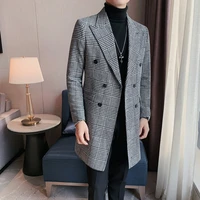autumn winter wool blends jackets for mens houndstooth long casual business trench coat social overcoat streetwear windbreaker