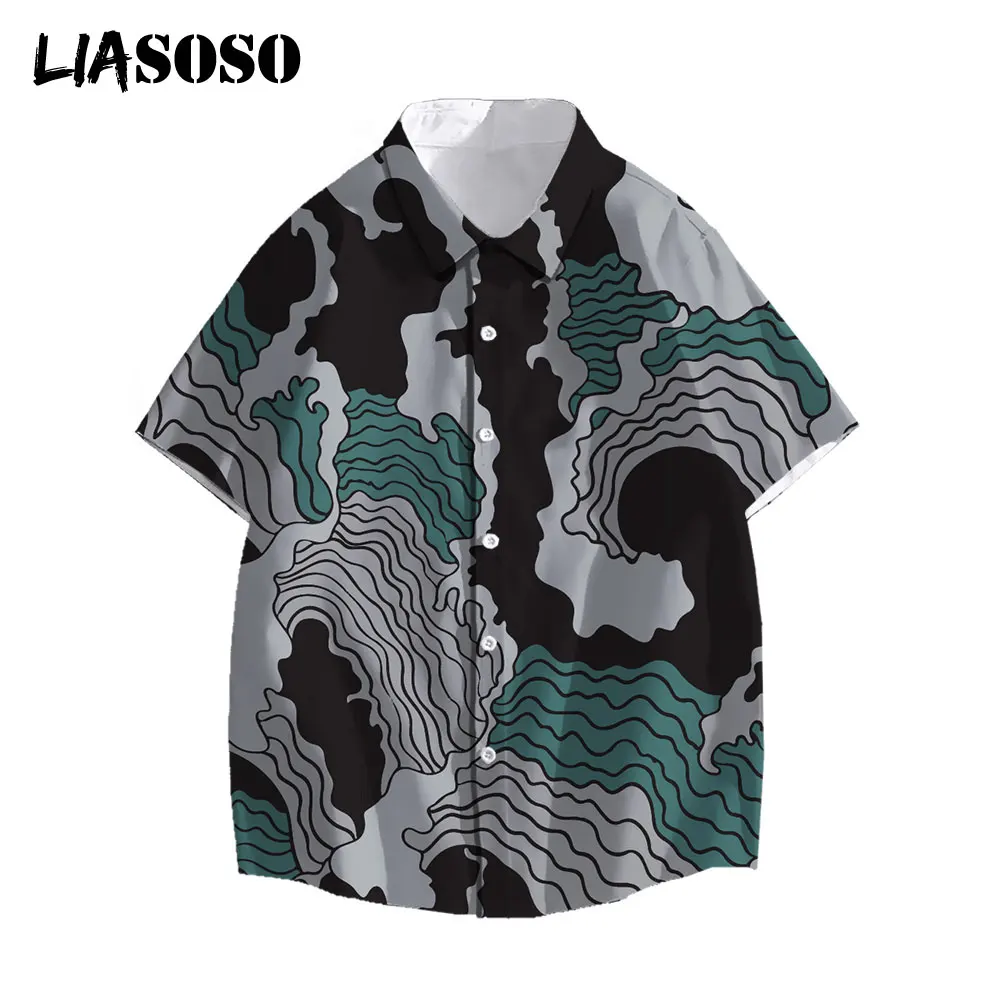 

LIASOSO New 3D Print Irregular Wave Retro Oversized Shirt Men Women Casual Shirts Holiday Streetwear Tops T-Shirt