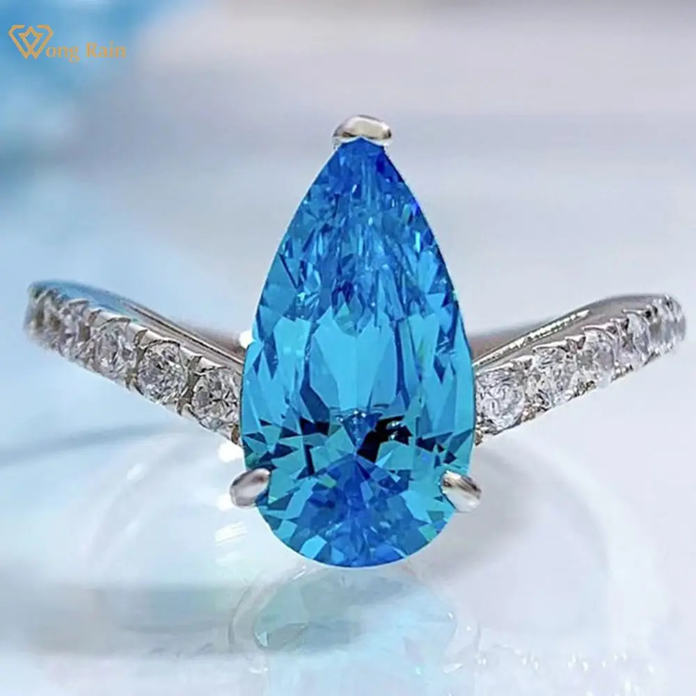 

Wong Rain Fashion 925 Sterling Silver Pear Cut Aquamarine Gemstone Wedding Engagement Romantic Ring For Women Fine Jewelry Gifts