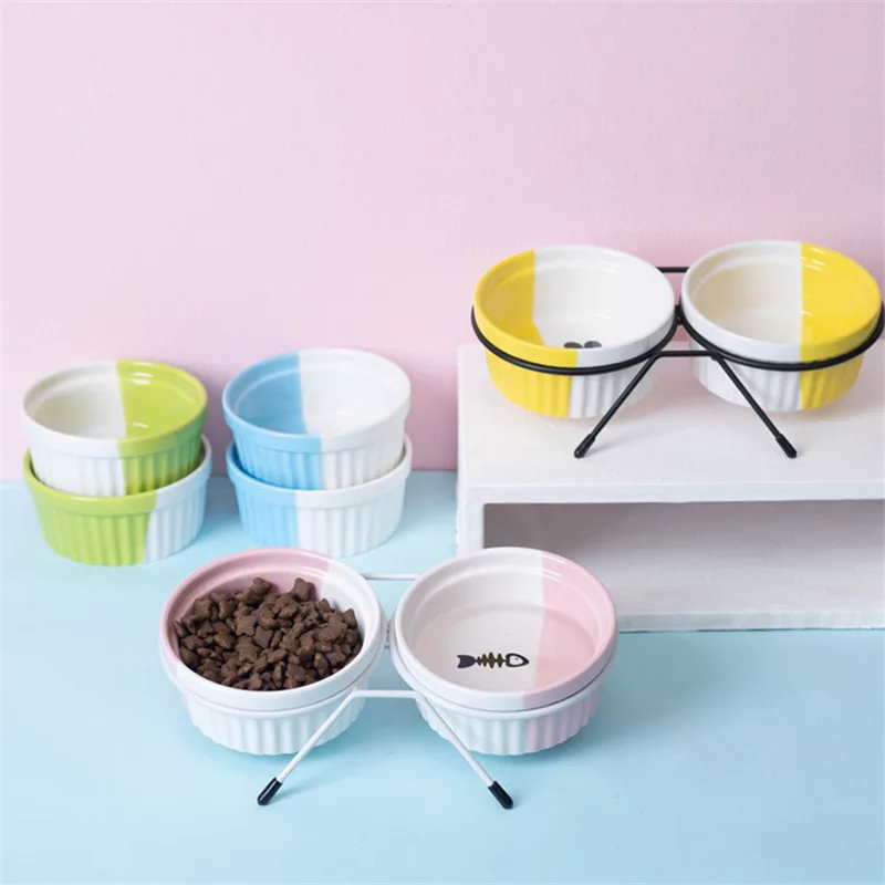

New Cat Bowl Ceramic Double Bowl Protection Cervical Spine Anti-Overturning Water Dual-Use Cat Food Holder Cat Supply Pet Bowl