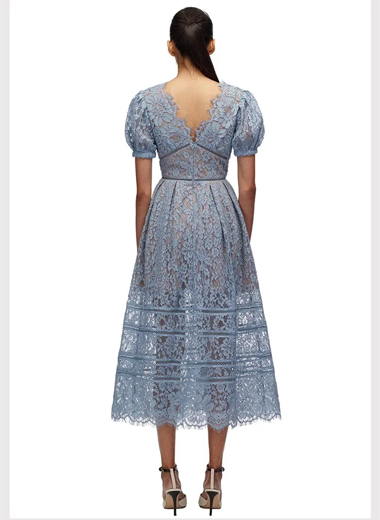 Женское кружеввечерние платье-миди с V-образным вырезом и буффами - купить по