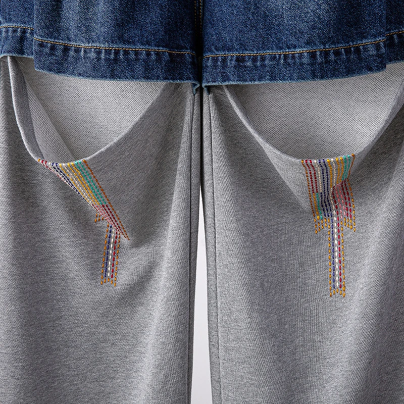 

TWOTWINSTYLE Hit Color Hollow Out Casual Loose Denim Trousers For Women High Waist Full Length Wide Leg Pants Female 2021 Spring