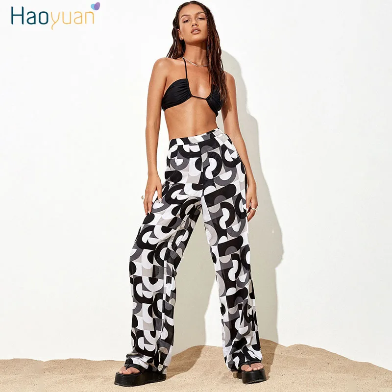 

Женские широкие брюки с высокой талией HAOYUAN, винтажная уличная одежда, осень 2022, Y2k, эстетичные повседневные свободные брюки с графическим пр...